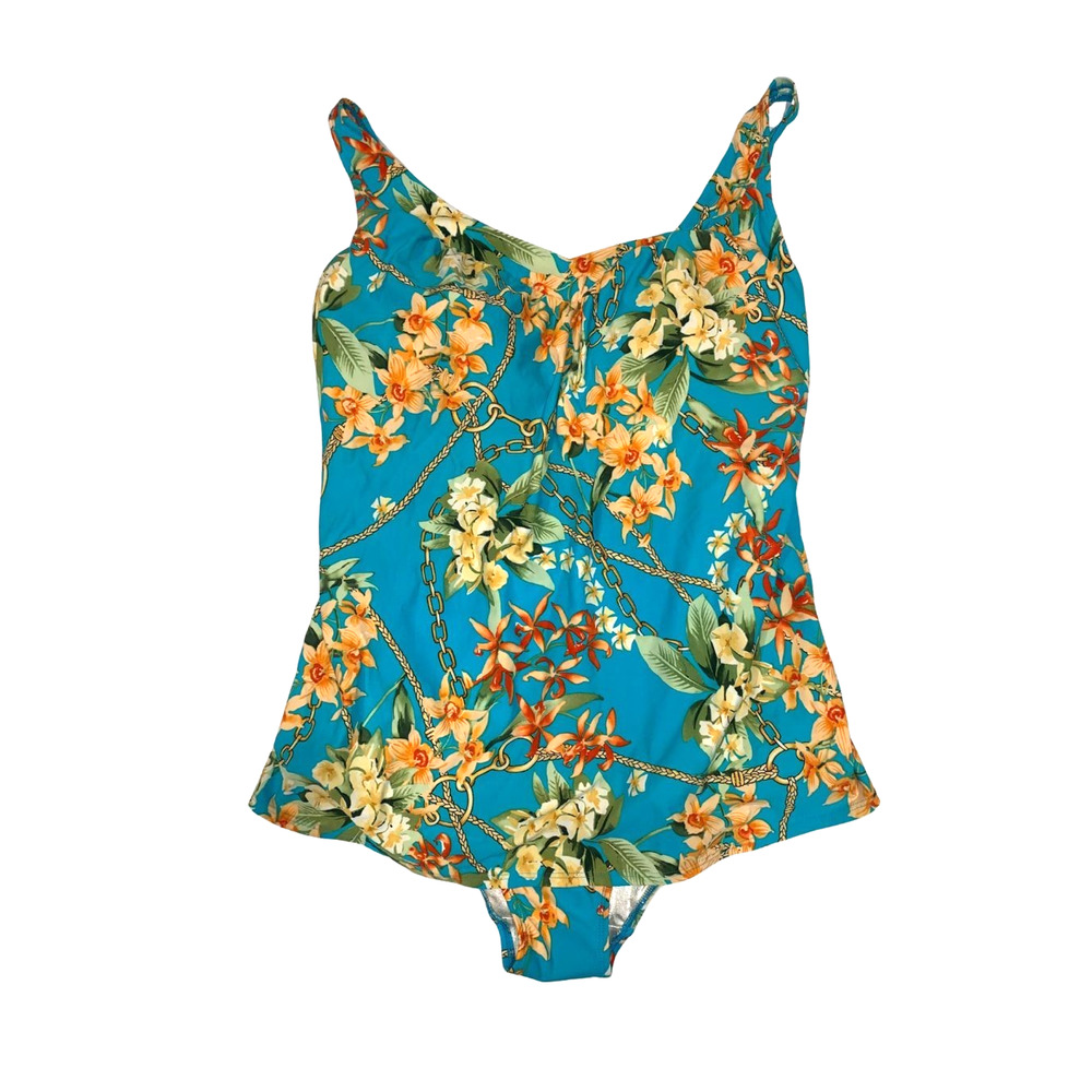 Amoena Womens Full Bodice Floral One Piece Swimsuit Plus Size 24 Blue Pocketed